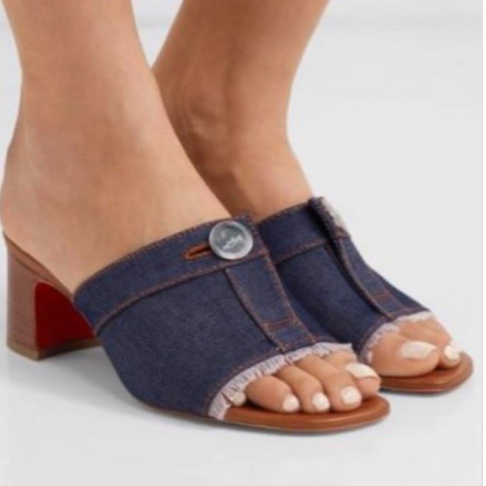 Christian Louboutin Denim Blue Open-Toe Wedge Sandals with Red Heel Accent - Picture 9 of 11